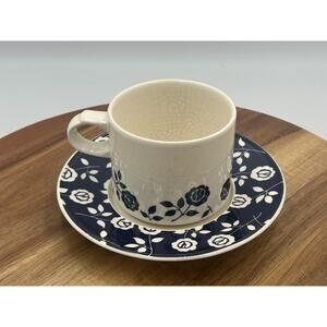 Vtg Yamaka Masquerade Tea Cup & Saucer Set Cobalt Blue White Floral Japan Coffee